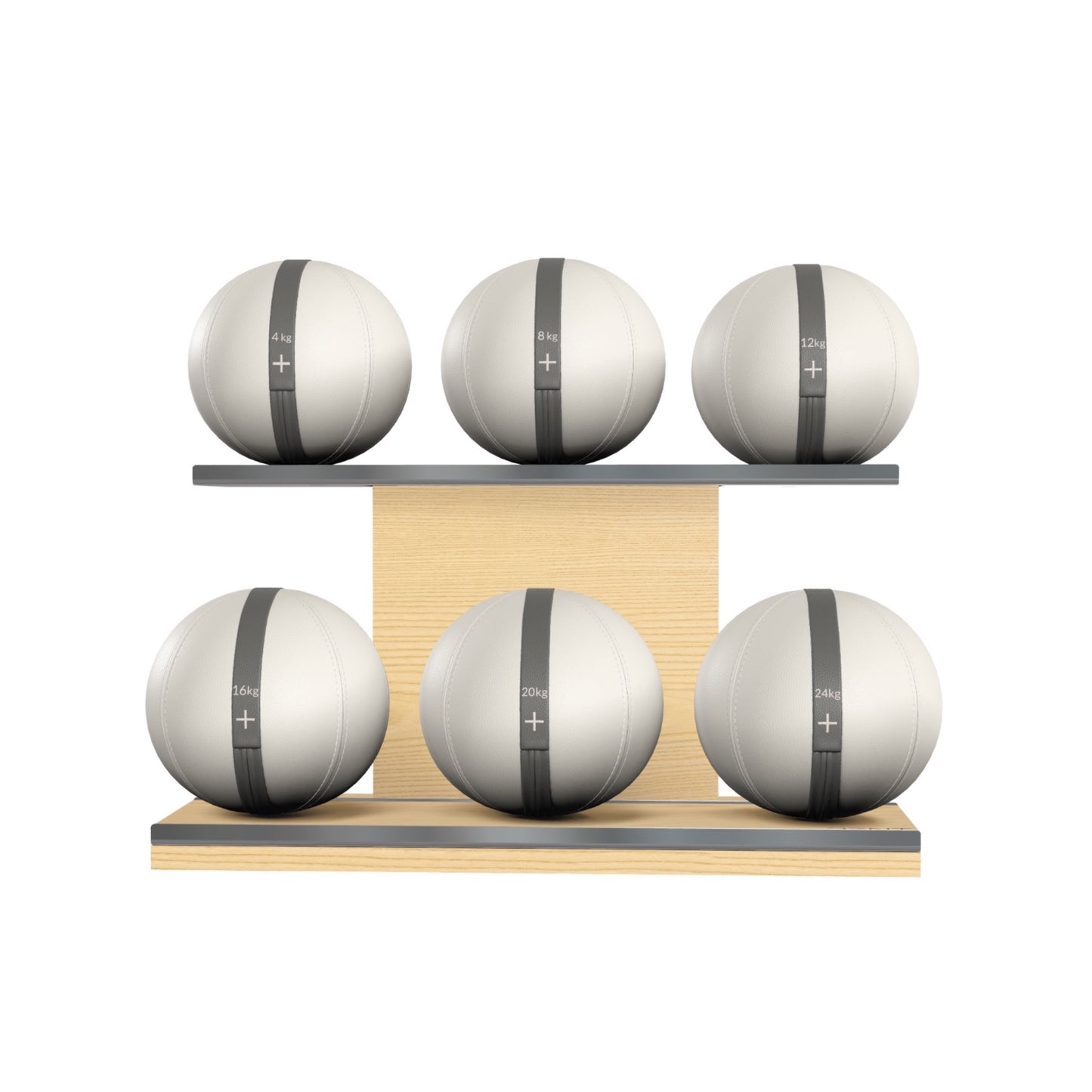 PENT. MOXA Set Ultimate - Set of 6 Medicine Balls on Horizontal Wooden Stand - 4, 8, 12, 16, 20, 24 KG