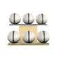 Six white leather medicine balls with grey accent leather, arranged on two shelves made of natural ash wood. PENT. MOXA Set Ultimate - Set of 6 Medicine Balls on Horizontal Wooden Stand