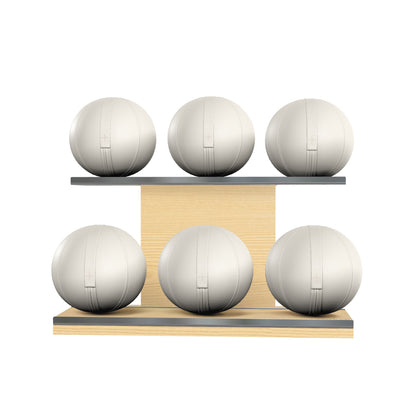 Six white leather medicine balls with white accent leather, arranged on two shelves made of natural ash wood. PENT. MOXA Set Ultimate - Set of 6 Medicine Balls on Horizontal Wooden Stand