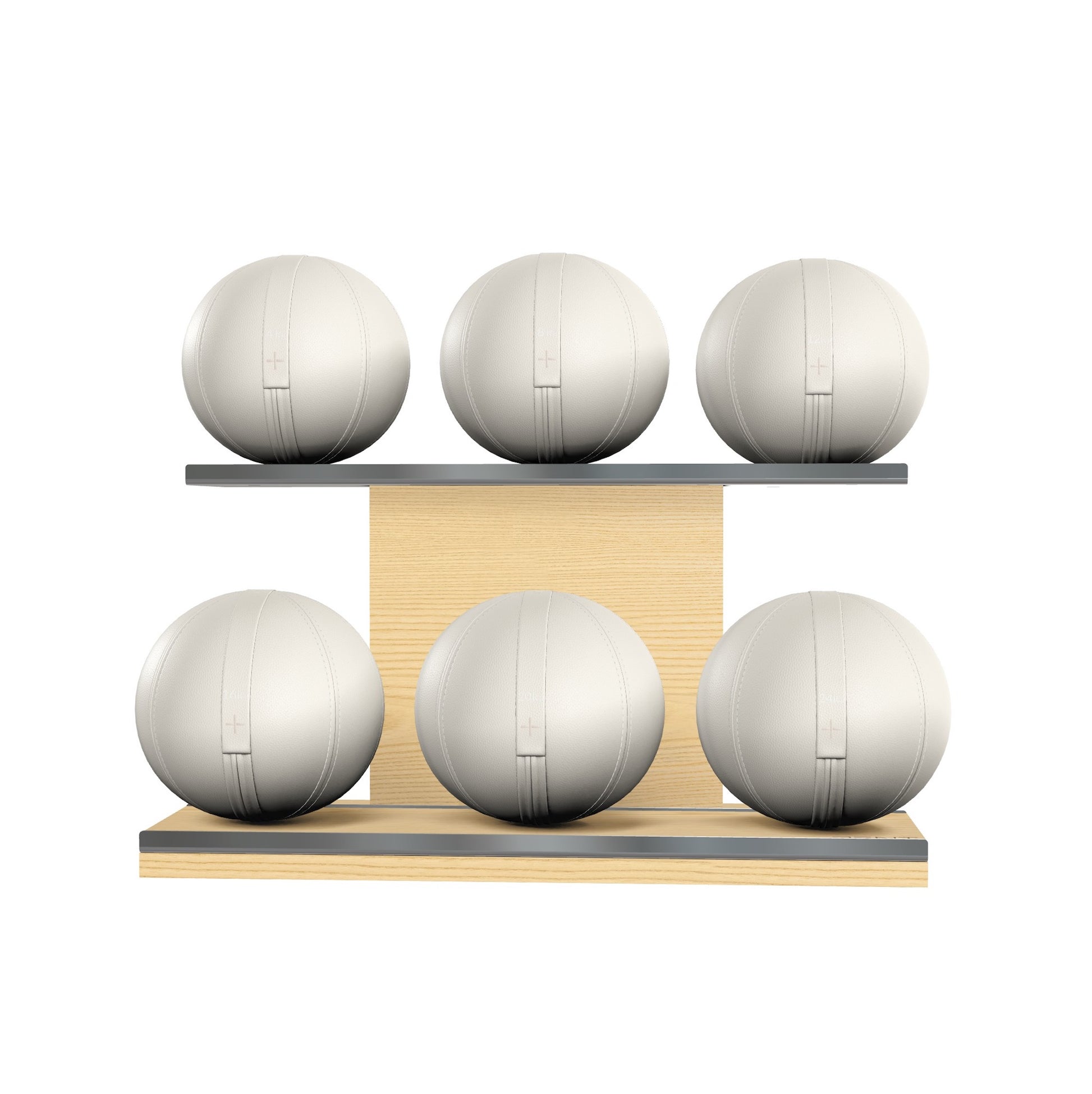 Six white leather medicine balls with white accent leather, arranged on two shelves made of natural ash wood. PENT. MOXA Set Ultimate - Set of 6 Medicine Balls on Horizontal Wooden Stand