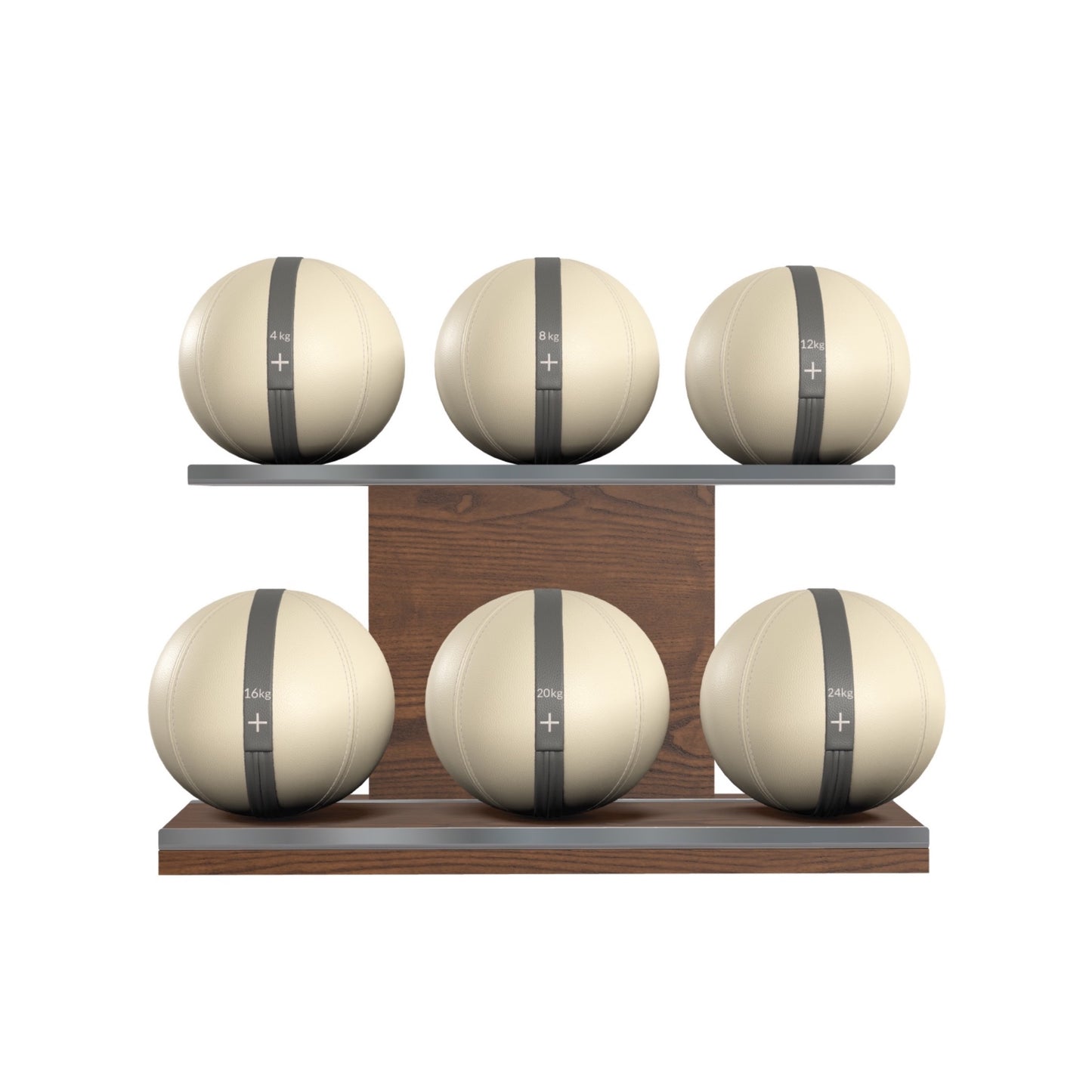PENT. MOXA Set Ultimate - Set of 6 Medicine Balls on Horizontal Wooden Stand - 4, 8, 12, 16, 20, 24 KG