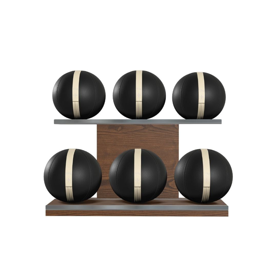 PENT. MOXA Set Ultimate - Set of 6 Medicine Balls on Horizontal Wooden Stand - 4, 8, 12, 16, 20, 24 KG