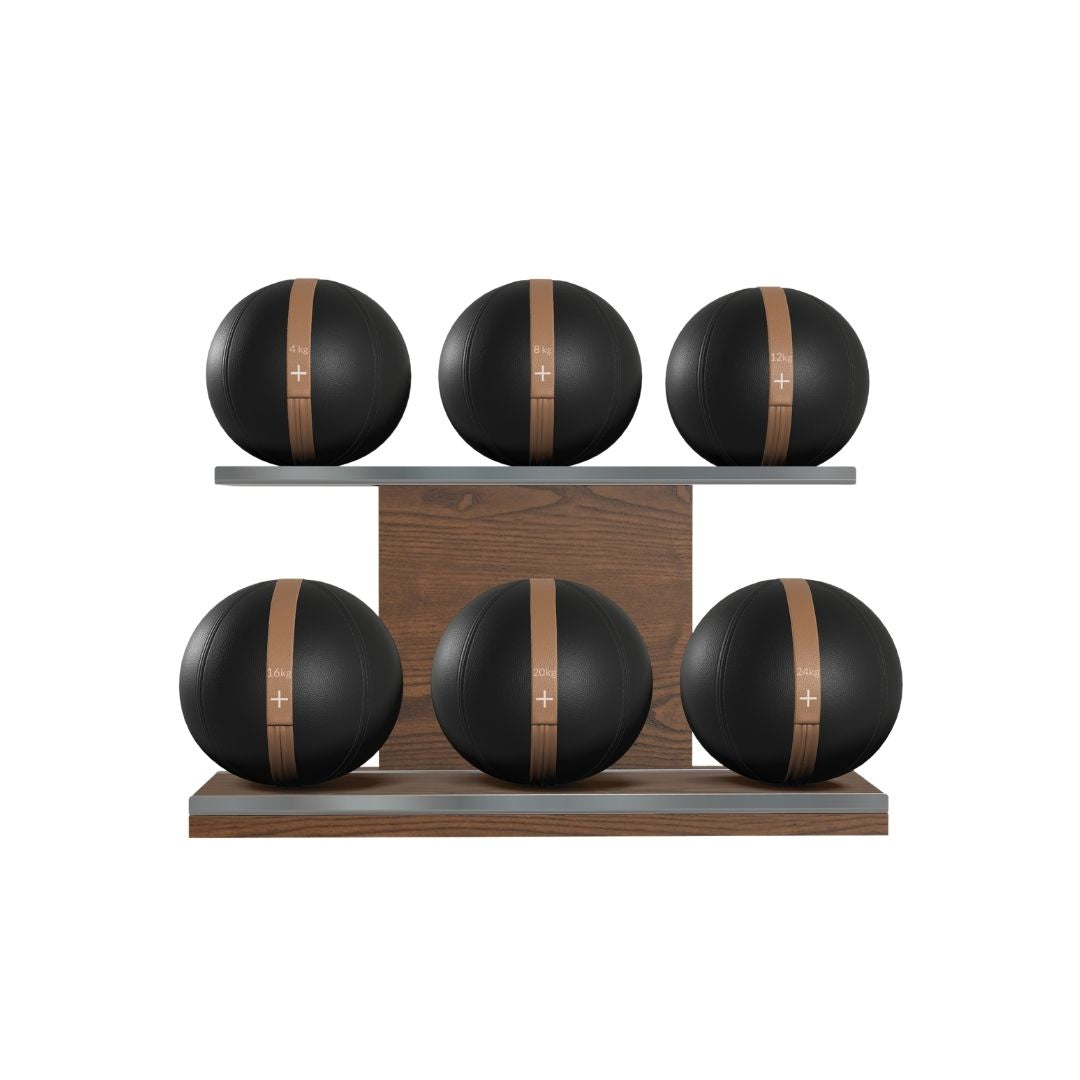 PENT. MOXA Set Ultimate - Set of 6 Medicine Balls on Horizontal Wooden Stand - 4, 8, 12, 16, 20, 24 KG