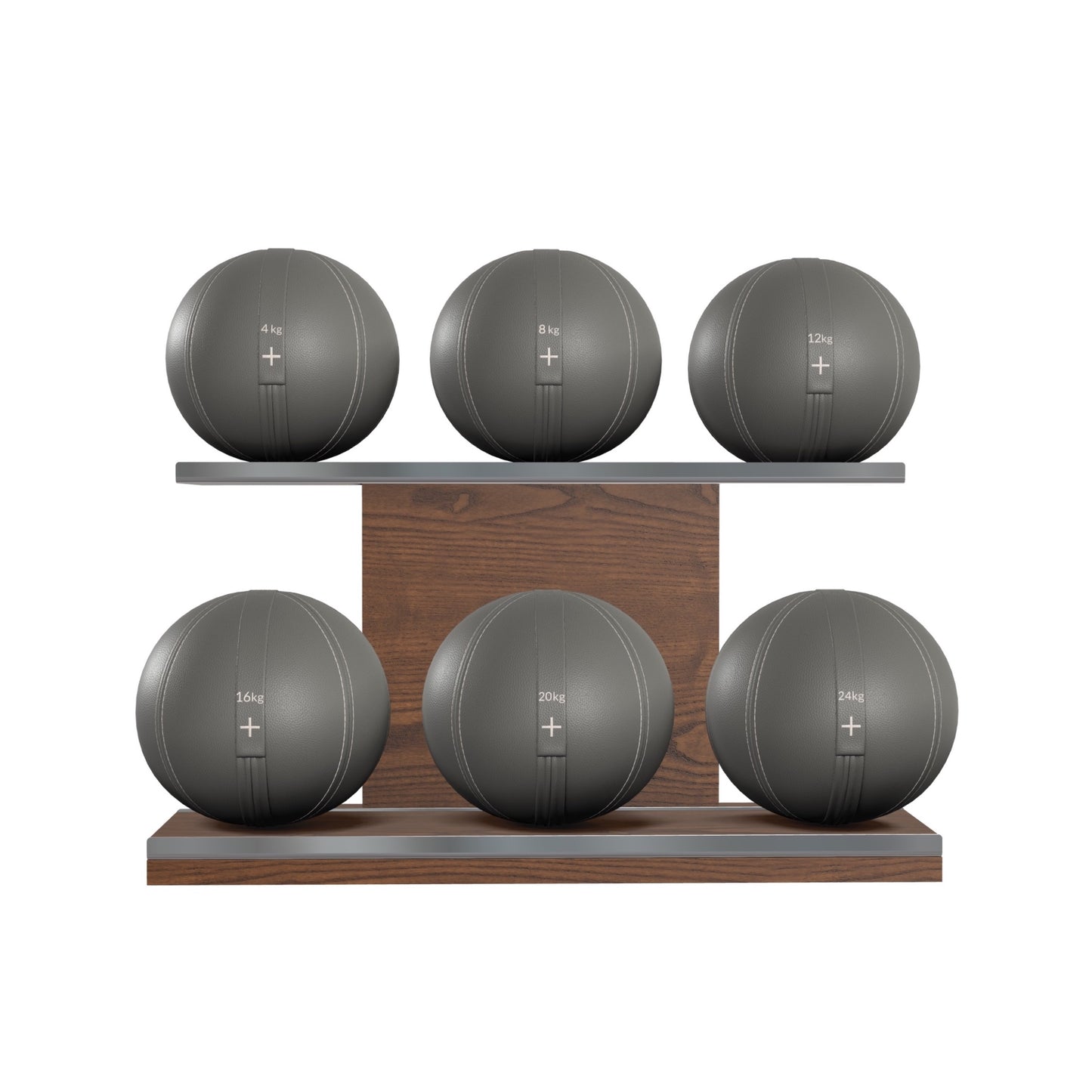 PENT. MOXA Set Ultimate - Set of 6 Medicine Balls on Horizontal Wooden Stand - 4, 8, 12, 16, 20, 24 KG