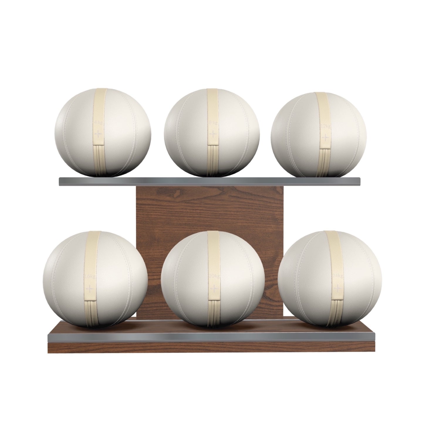 PENT. MOXA Set Ultimate - Set of 6 Medicine Balls on Horizontal Wooden Stand - 4, 8, 12, 16, 20, 24 KG