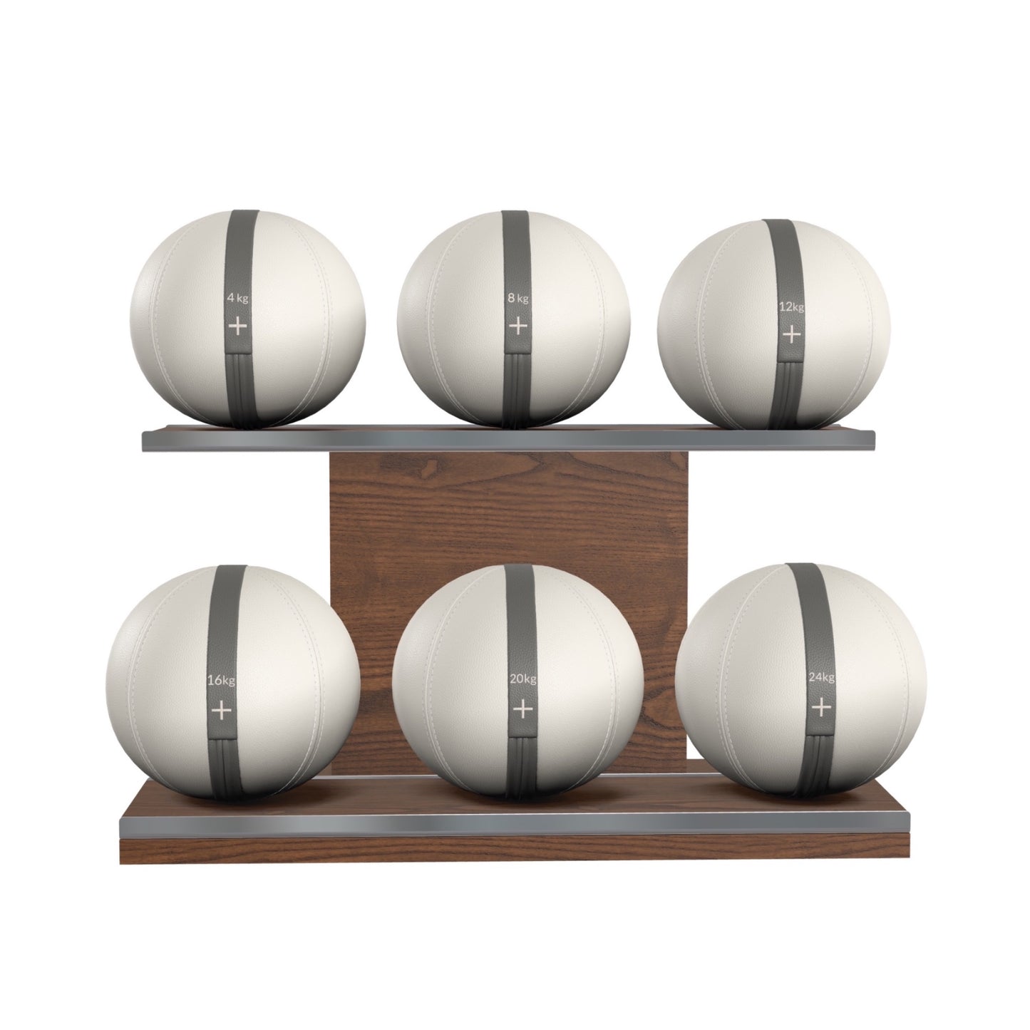 PENT. MOXA Set Ultimate - Set of 6 Medicine Balls on Horizontal Wooden Stand - 4, 8, 12, 16, 20, 24 KG