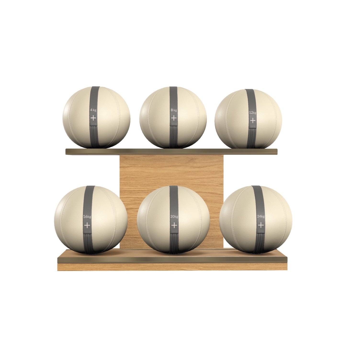 PENT. MOXA Set Ultimate - In Gold - Set of 6 Medicine Balls on Horizontal Wooden Stand - 4, 8, 12, 16, 20, 24 KG