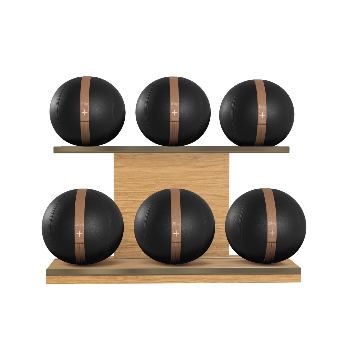 PENT. MOXA Set Ultimate - In Gold - Set of 6 Medicine Balls on Horizontal Wooden Stand - 4, 8, 12, 16, 20, 24 KG