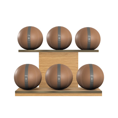 PENT. MOXA Set Ultimate - In Gold - Set of 6 Medicine Balls on Horizontal Wooden Stand - 4, 8, 12, 16, 20, 24 KG