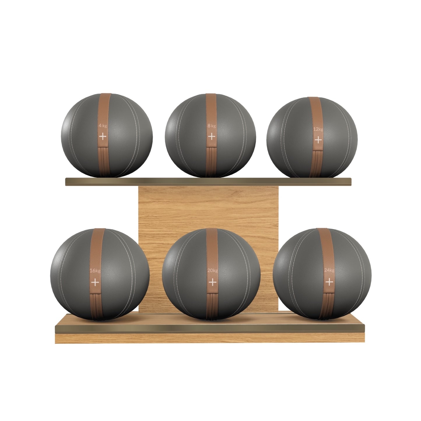 PENT. MOXA Set Ultimate - In Gold - Set of 6 Medicine Balls on Horizontal Wooden Stand - 4, 8, 12, 16, 20, 24 KG