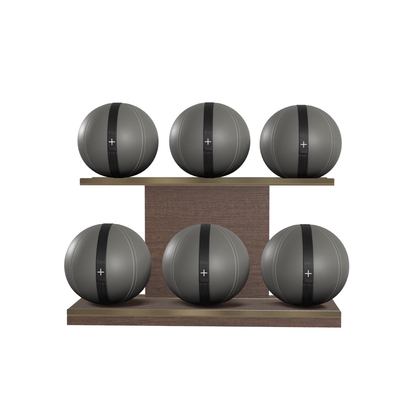 PENT. MOXA Set Ultimate - In Gold - Set of 6 Medicine Balls on Horizontal Wooden Stand - 4, 8, 12, 16, 20, 24 KG