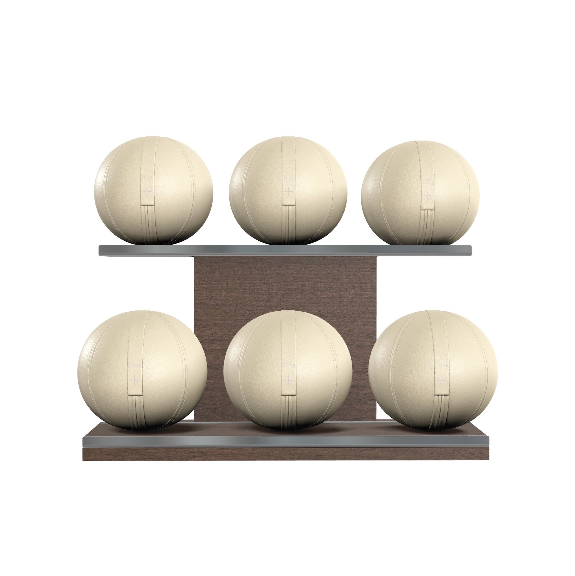 Six beige leather medicine balls with beige accent leather, arranged on two shelves made of natural walnut wood. PENT. MOXA Set Ultimate - Set of 6 Medicine Balls on Horizontal Wooden Stand