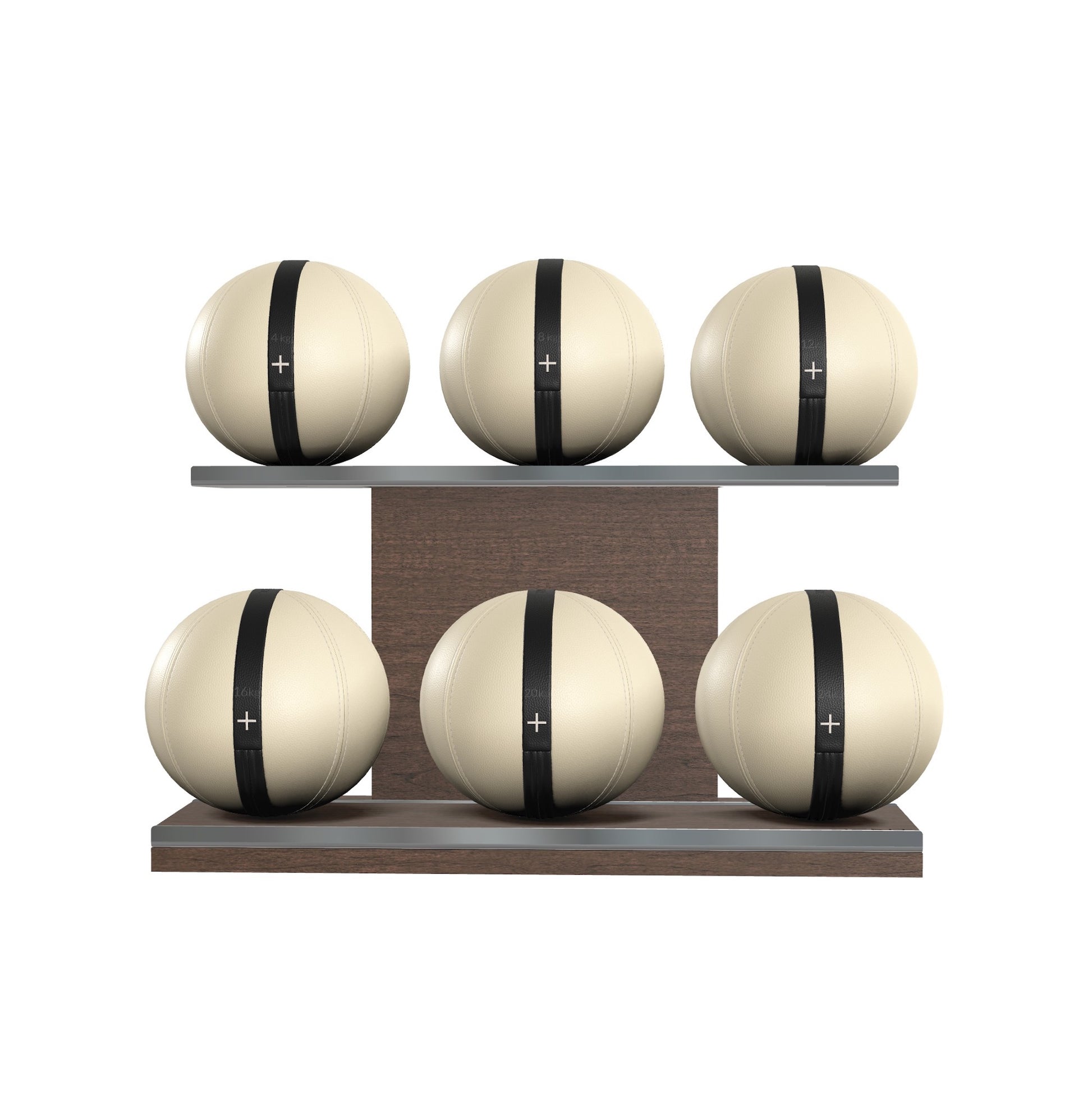 Six beige leather medicine balls with black accent leather, arranged on two shelves made of natural walnut wood. PENT. MOXA Set Ultimate - Set of 6 Medicine Balls on Horizontal Wooden Stand