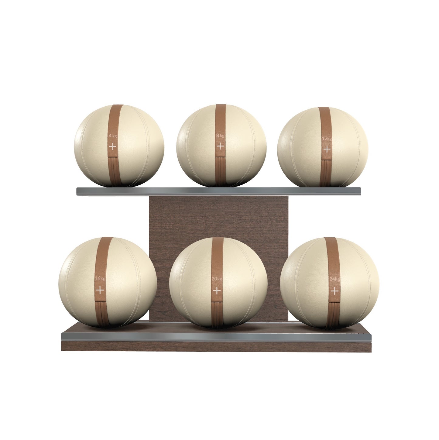 Six beige leather medicine balls with brown accent leather, arranged on two shelves made of natural walnut wood. PENT. MOXA Set Ultimate - Set of 6 Medicine Balls on Horizontal Wooden Stand