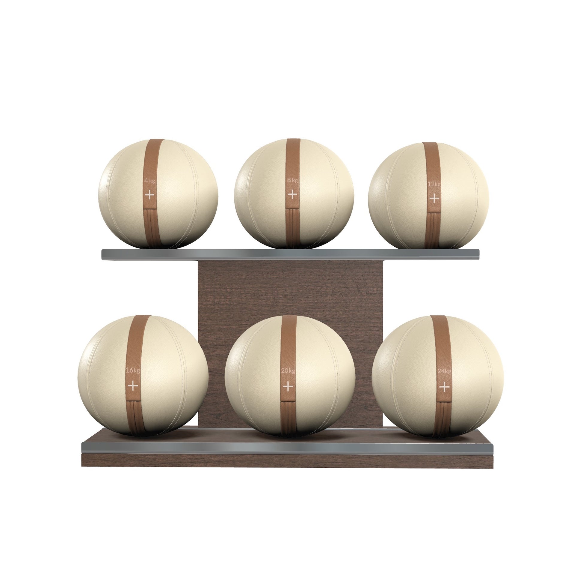 Six beige leather medicine balls with brown accent leather, arranged on two shelves made of natural walnut wood. PENT. MOXA Set Ultimate - Set of 6 Medicine Balls on Horizontal Wooden Stand