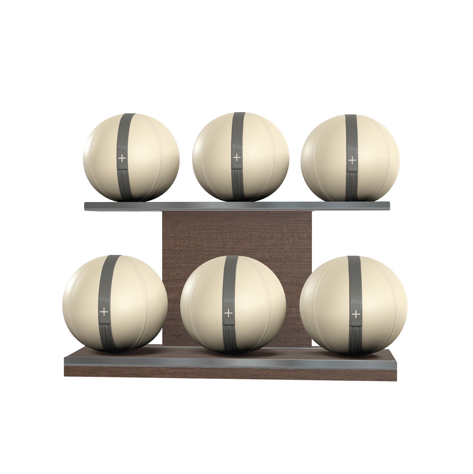 Six beige leather medicine balls with grey accent leather, arranged on two shelves made of natural walnut wood. PENT. MOXA Set Ultimate - Set of 6 Medicine Balls on Horizontal Wooden Stand