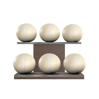 Six beige leather medicine balls with beige accent leather, arranged on two shelves made of natural walnut wood. PENT. MOXA Set Ultimate - Set of 6 Medicine Balls on Horizontal Wooden Stand