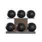 Six black leather medicine balls with black accent leather, arranged on two shelves made of natural walnut wood. PENT. MOXA Set Ultimate - Set of 6 Medicine Balls on Horizontal Wooden Stand