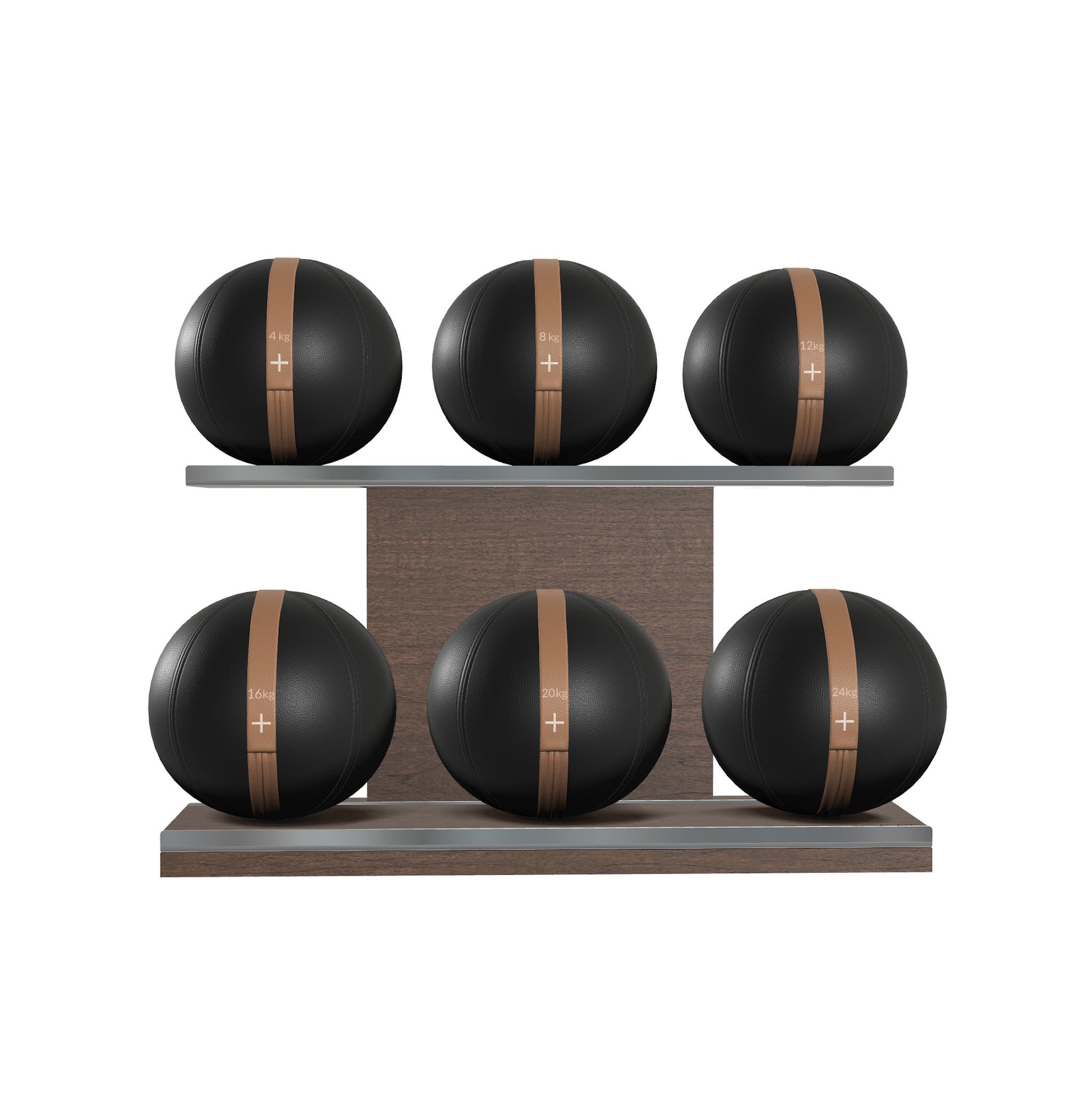 Six black leather medicine balls with brown accent leather, arranged on two shelves made of natural walnut wood. PENT. MOXA Set Ultimate - Set of 6 Medicine Balls on Horizontal Wooden Stand