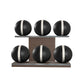 Six black leather medicine balls with white accent leather, arranged on two shelves made of natural walnut wood. PENT. MOXA Set Ultimate - Set of 6 Medicine Balls on Horizontal Wooden Stand