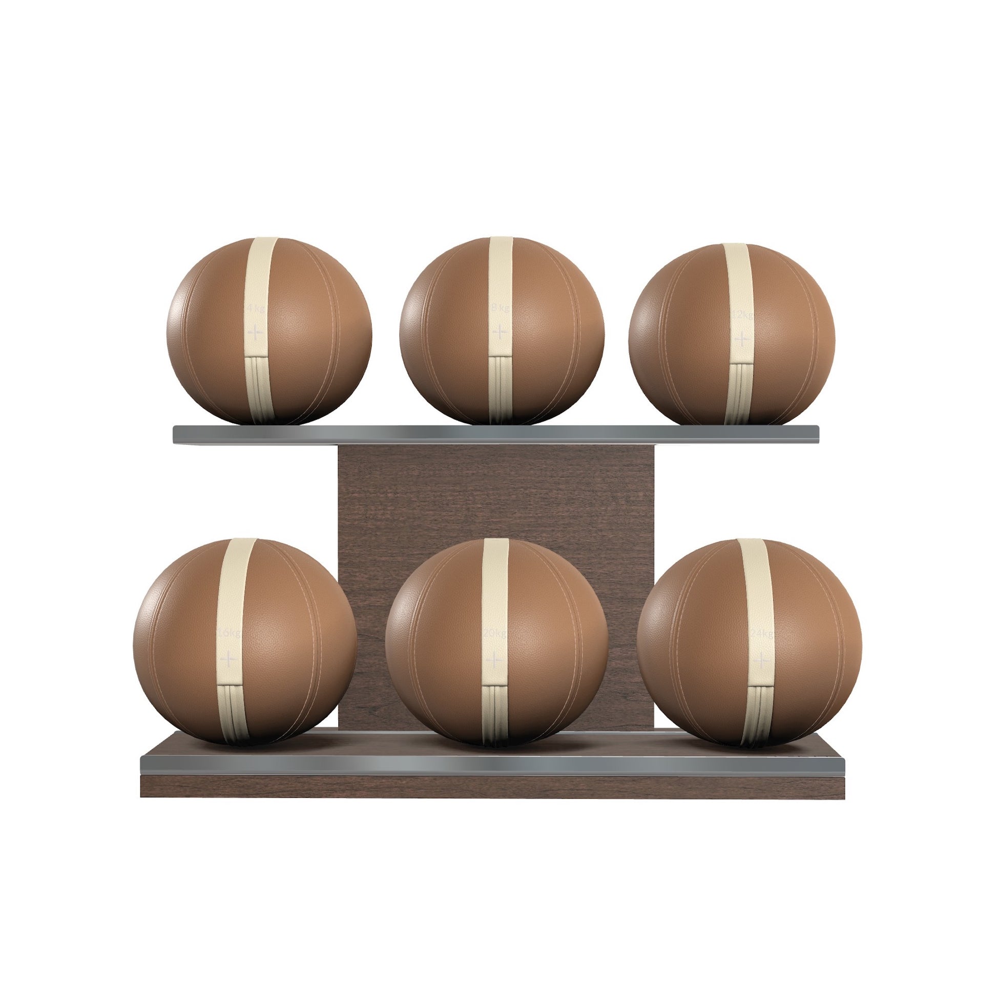 Six brown leather medicine balls with beige accent leather, arranged on two shelves made of natural walnut wood. PENT. MOXA Set Ultimate - Set of 6 Medicine Balls on Horizontal Wooden Stand