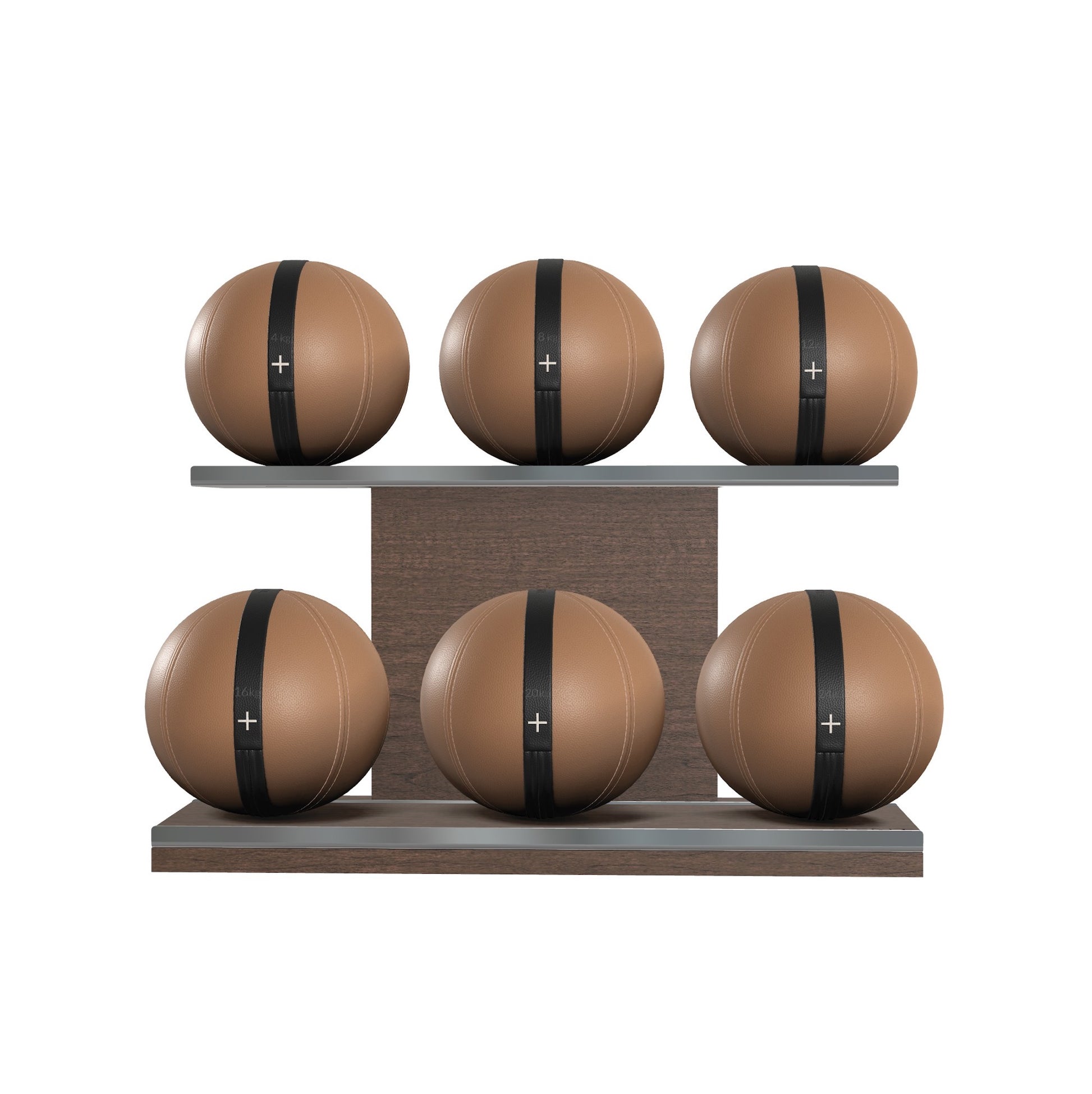 Six brown leather medicine balls with black accent leather, arranged on two shelves made of natural walnut wood. PENT. MOXA Set Ultimate - Set of 6 Medicine Balls on Horizontal Wooden Stand