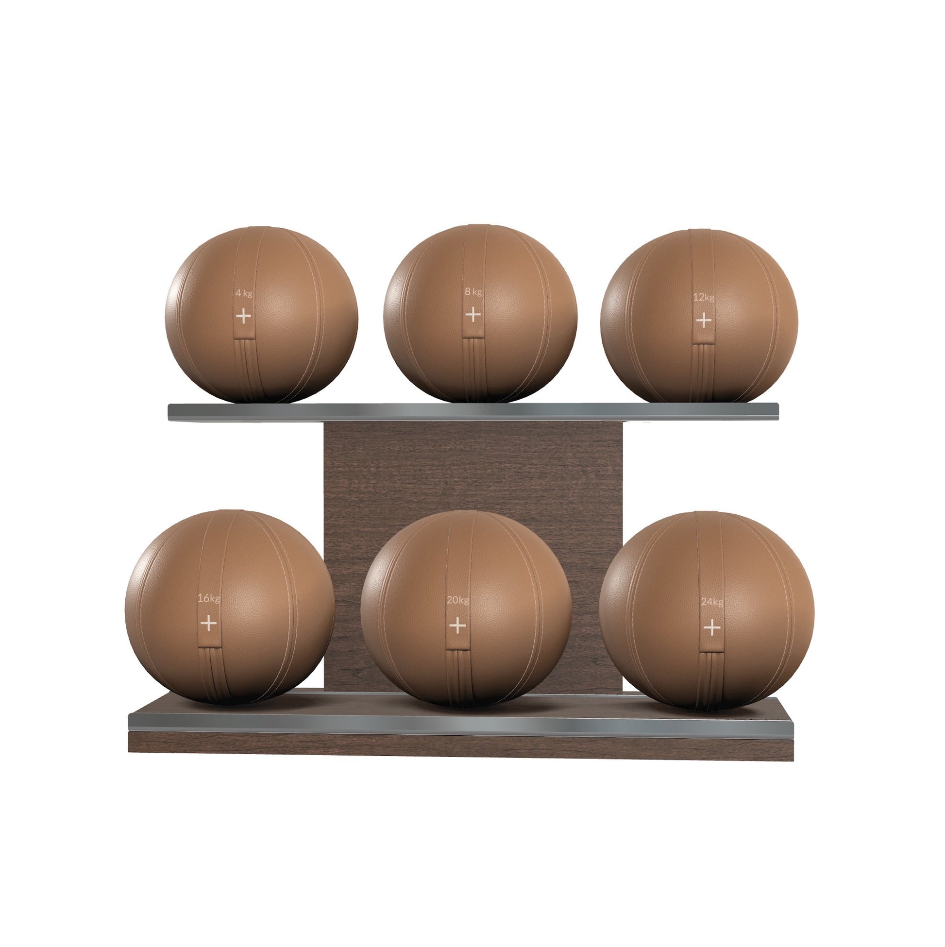 Six brown leather medicine balls with brown accent leather, arranged on two shelves made of natural walnut wood. PENT. MOXA Set Ultimate - Set of 6 Medicine Balls on Horizontal Wooden Stand