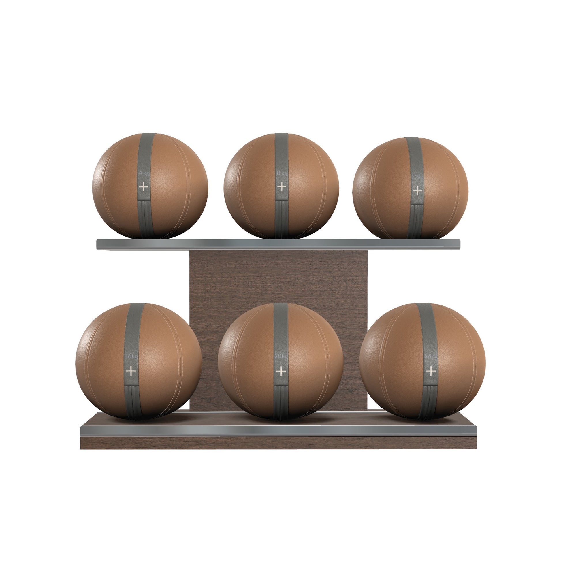 Six brown leather medicine balls with grey accent leather, arranged on two shelves made of natural walnut wood. PENT. MOXA Set Ultimate - Set of 6 Medicine Balls on Horizontal Wooden Stand