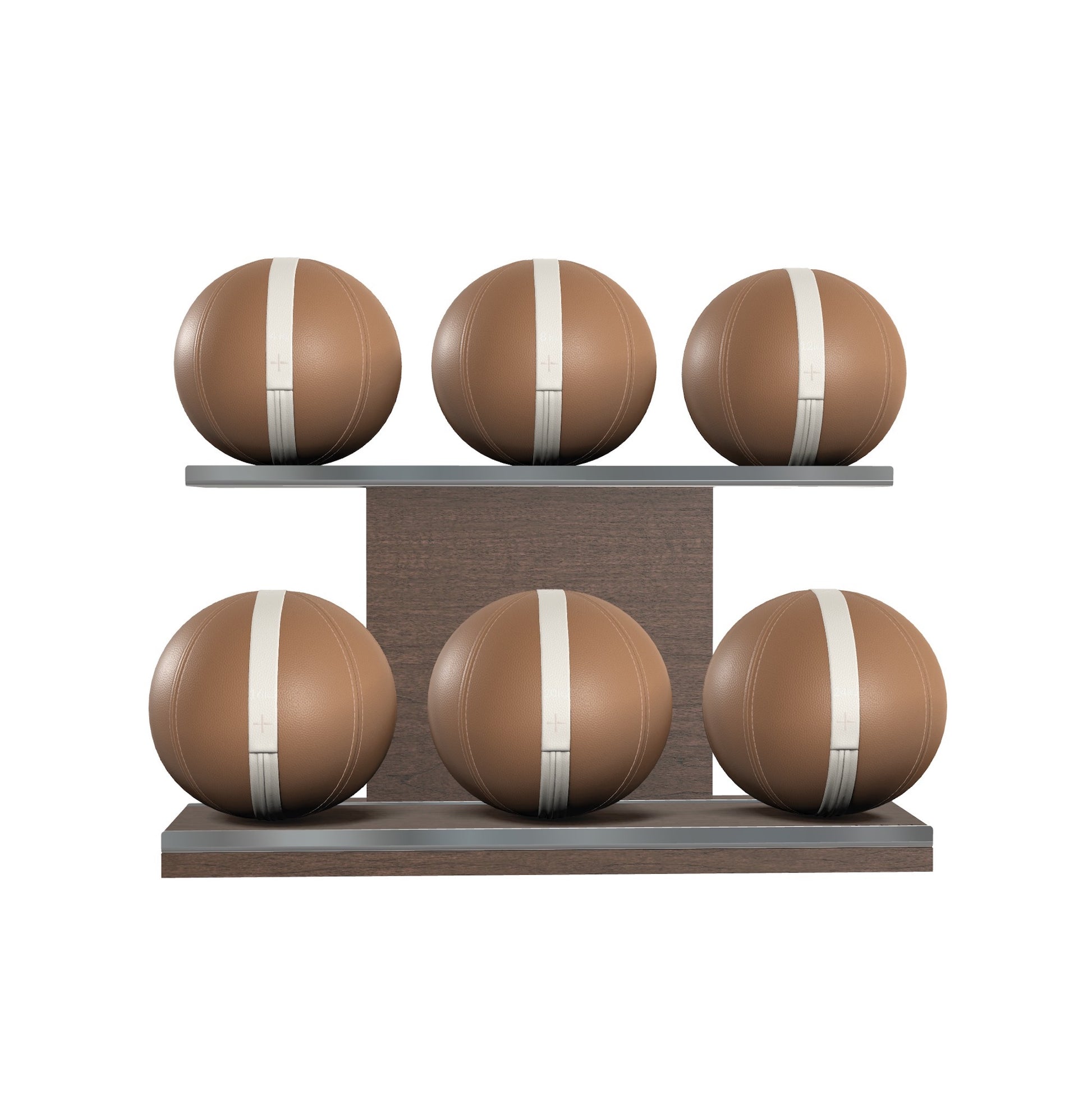 Six brown leather medicine balls with white accent leather, arranged on two shelves made of natural walnut wood. PENT. MOXA Set Ultimate - Set of 6 Medicine Balls on Horizontal Wooden Stand