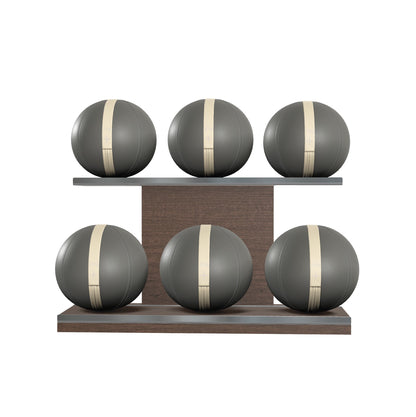 Six grey leather medicine balls with white accent leather, arranged on two shelves made of natural walnut wood. PENT. MOXA Set Ultimate - Set of 6 Medicine Balls on Horizontal Wooden Stand