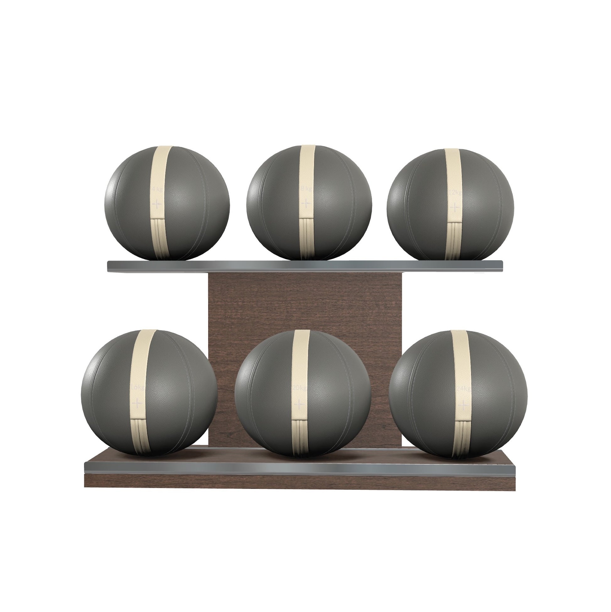 Six grey leather medicine balls with white accent leather, arranged on two shelves made of natural walnut wood. PENT. MOXA Set Ultimate - Set of 6 Medicine Balls on Horizontal Wooden Stand