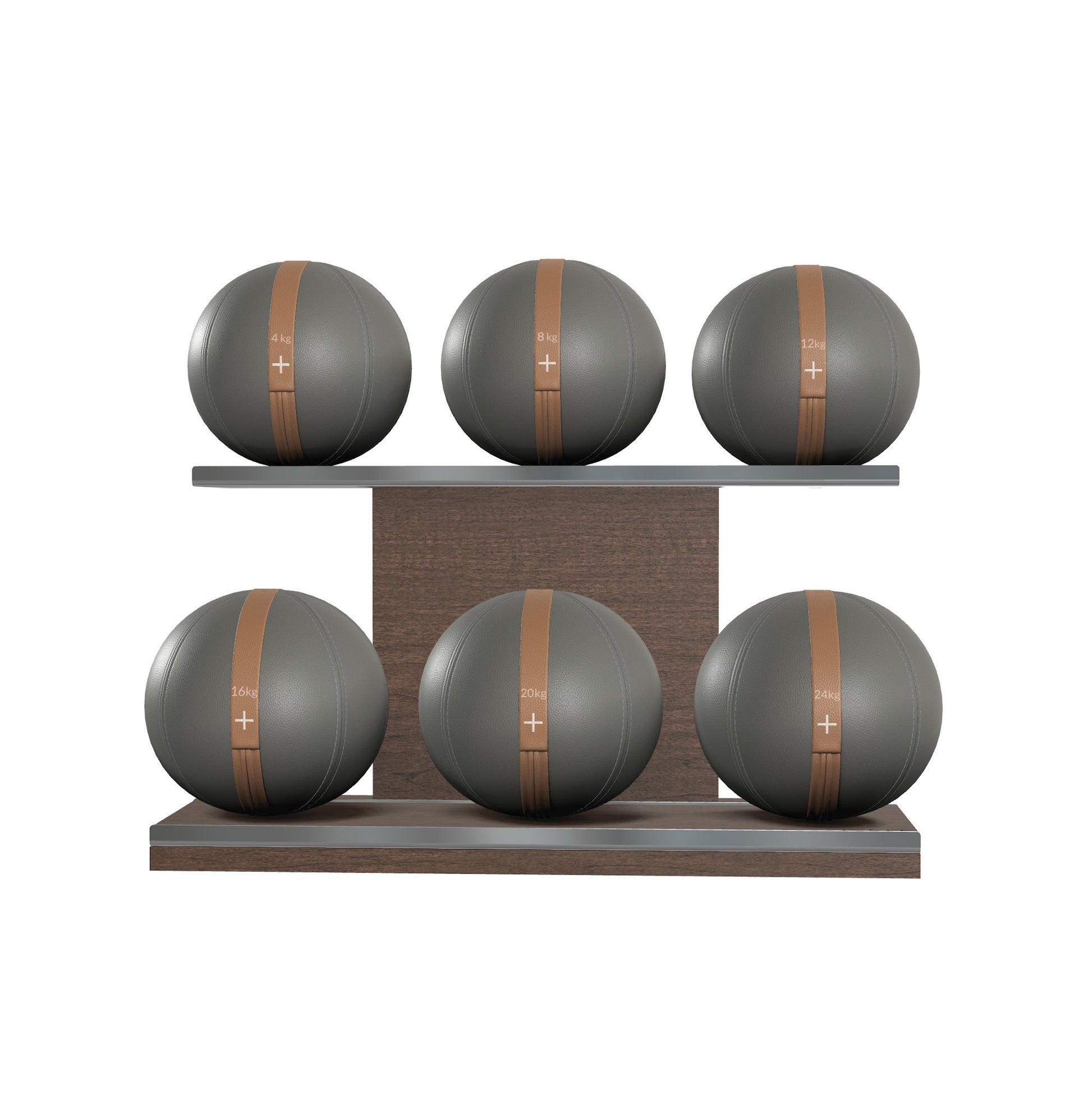 Six grey leather medicine balls with brown accent leather, arranged on two shelves made of natural walnut wood. PENT. MOXA Set Ultimate - Set of 6 Medicine Balls on Horizontal Wooden Stand