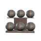Six grey leather medicine balls with brown accent leather, arranged on two shelves made of natural walnut wood. PENT. MOXA Set Ultimate - Set of 6 Medicine Balls on Horizontal Wooden Stand