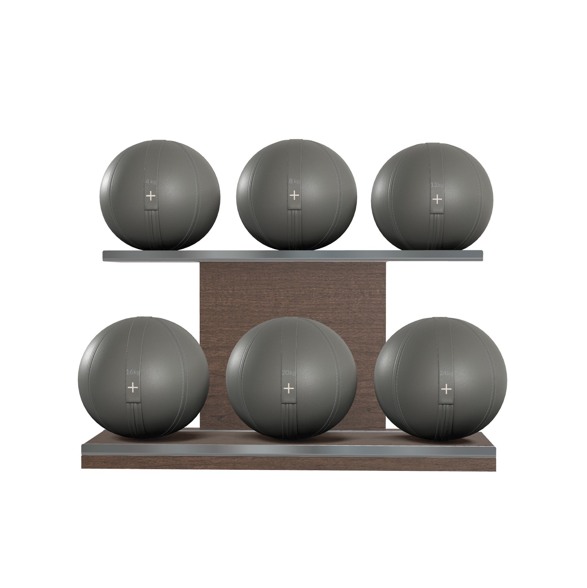 Six grey leather medicine balls with grey accent leather, arranged on two shelves made of natural walnut wood. PENT. MOXA Set Ultimate - Set of 6 Medicine Balls on Horizontal Wooden Stand