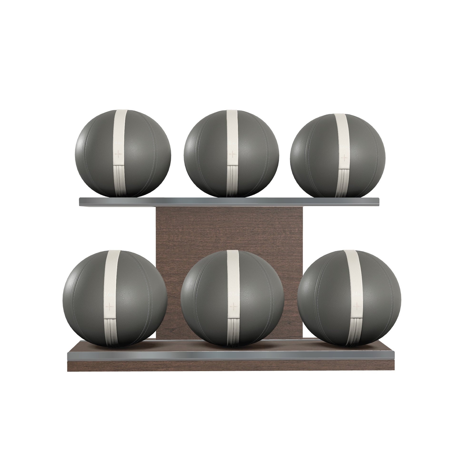 Six grey leather medicine balls with white accent leather, arranged on two shelves made of natural walnut wood. PENT. MOXA Set Ultimate - Set of 6 Medicine Balls on Horizontal Wooden Stand
