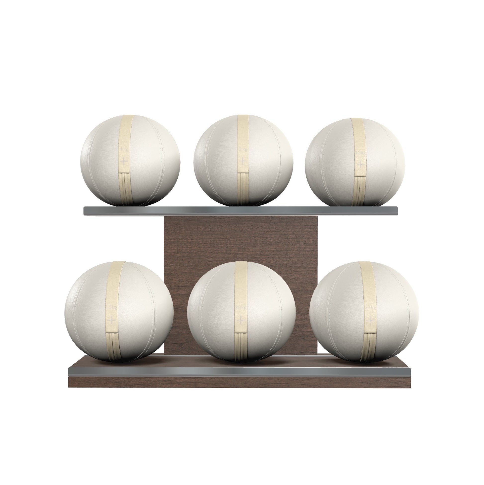 Six white leather medicine balls with beige accent leather, arranged on two shelves made of natural walnut wood. PENT. MOXA Set Ultimate - Set of 6 Medicine Balls on Horizontal Wooden Stand