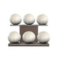 Six white leather medicine balls with beige accent leather, arranged on two shelves made of natural walnut wood. PENT. MOXA Set Ultimate - Set of 6 Medicine Balls on Horizontal Wooden Stand