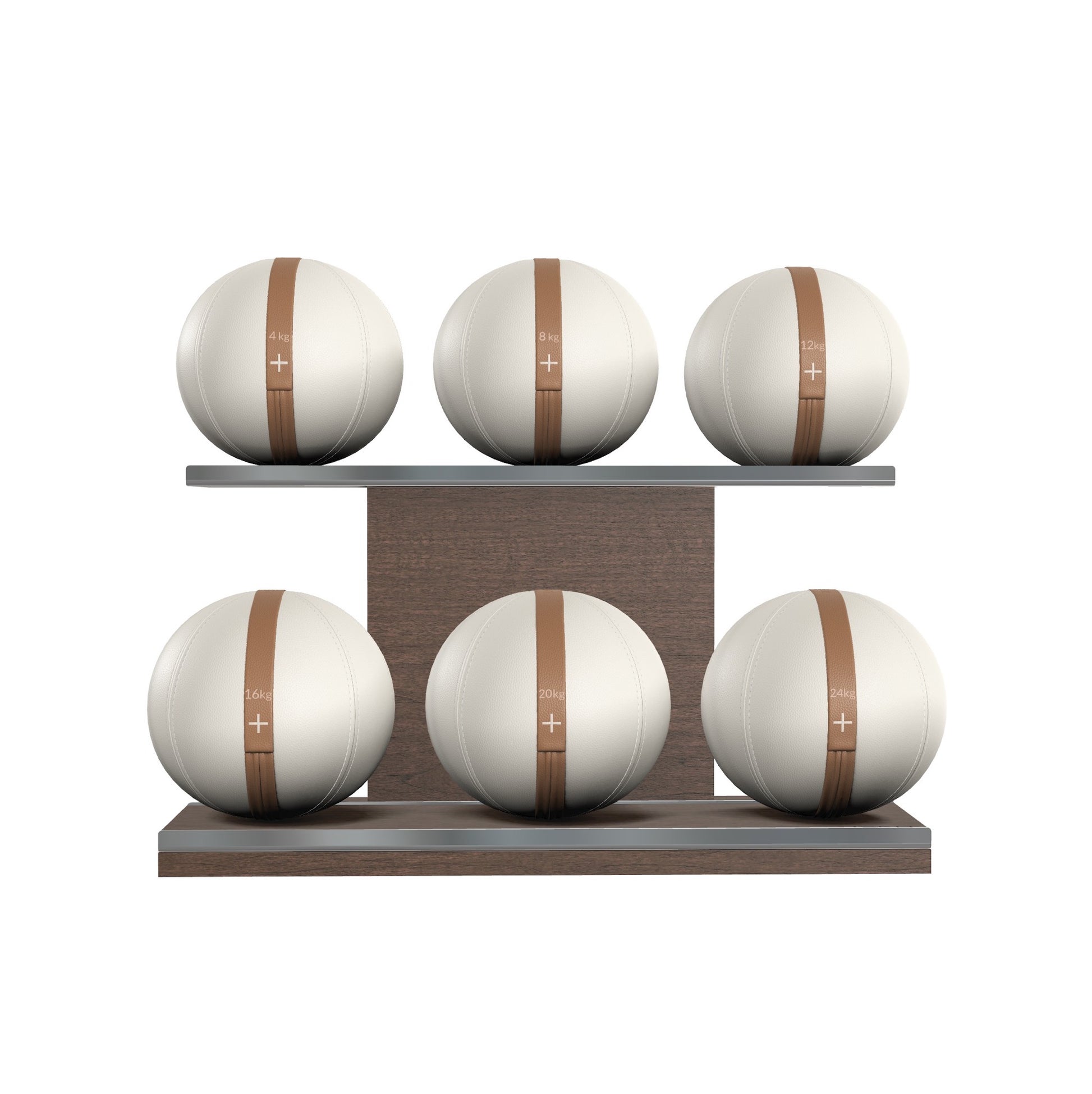 Six white leather medicine balls with brown accent leather, arranged on two shelves made of natural walnut wood. PENT. MOXA Set Ultimate - Set of 6 Medicine Balls on Horizontal Wooden Stand