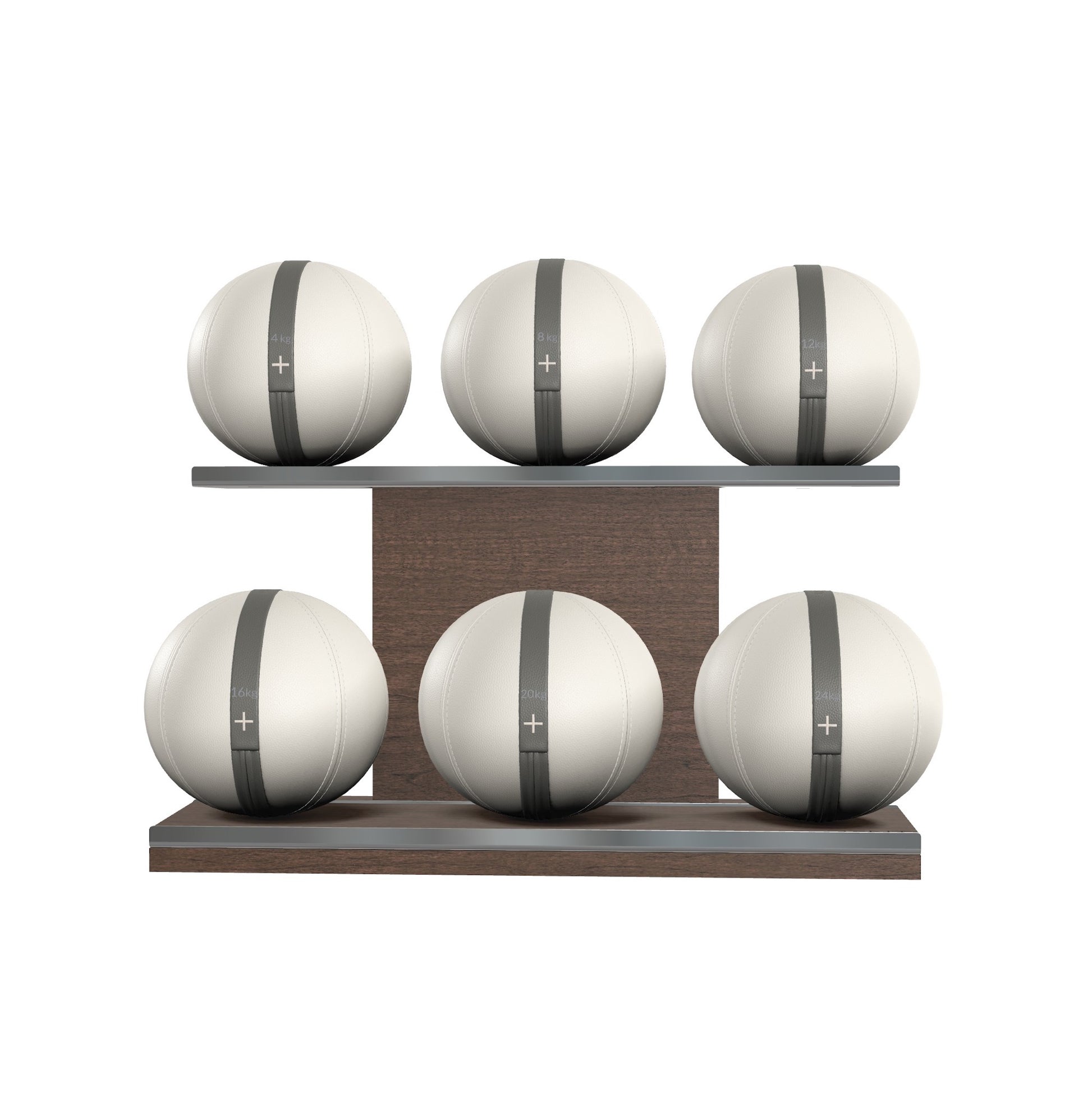 Six white leather medicine balls with grey accent leather, arranged on two shelves made of natural walnut wood. PENT. MOXA Set Ultimate - Set of 6 Medicine Balls on Horizontal Wooden Stand