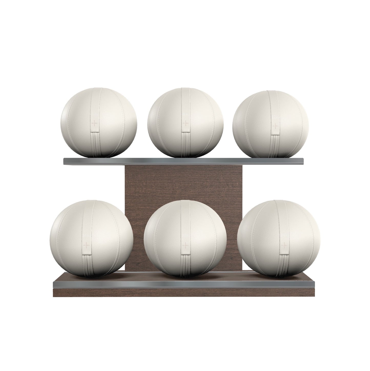Six white leather medicine balls with white accent leather, arranged on two shelves made of natural walnut wood. PENT. MOXA Set Ultimate - Set of 6 Medicine Balls on Horizontal Wooden Stand