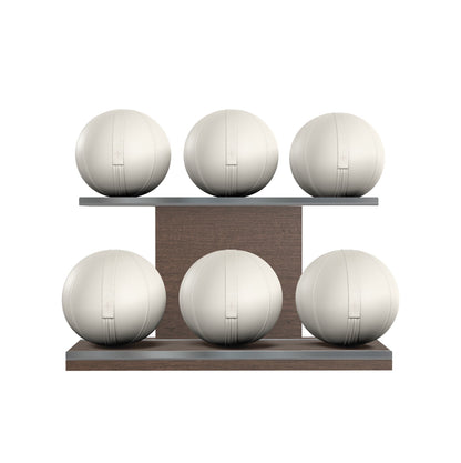 Six white leather medicine balls with white accent leather, arranged on two shelves made of natural walnut wood. PENT. MOXA Set Ultimate - Set of 6 Medicine Balls on Horizontal Wooden Stand