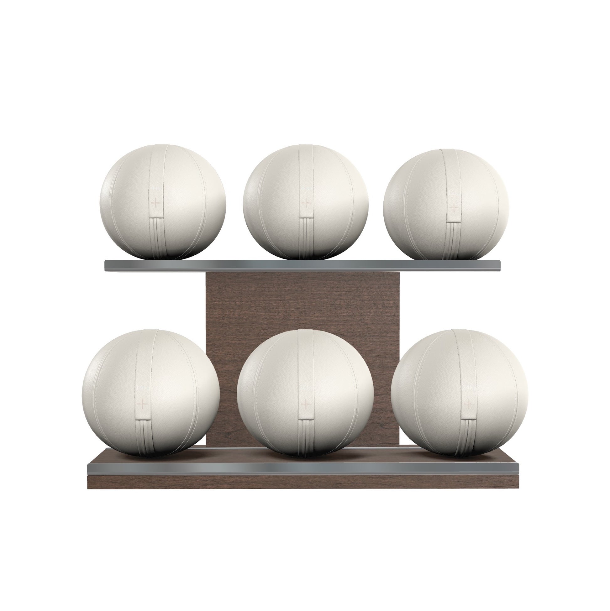 Six white leather medicine balls with white accent leather, arranged on two shelves made of natural walnut wood. PENT. MOXA Set Ultimate - Set of 6 Medicine Balls on Horizontal Wooden Stand