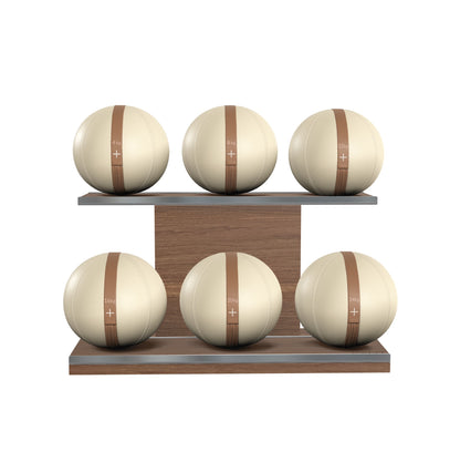 Six beige leather medicine balls with brown accent leather, arranged on two shelves made of natural walnut wood. PENT. MOXA Set Ultimate - Set of 6 Medicine Balls on Horizontal Wooden Stand