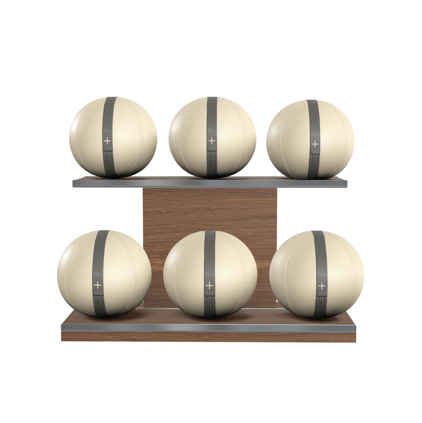 Six beige leather medicine balls with grey accent leather, arranged on two shelves made of natural walnut wood. PENT. MOXA Set Ultimate - Set of 6 Medicine Balls on Horizontal Wooden Stand