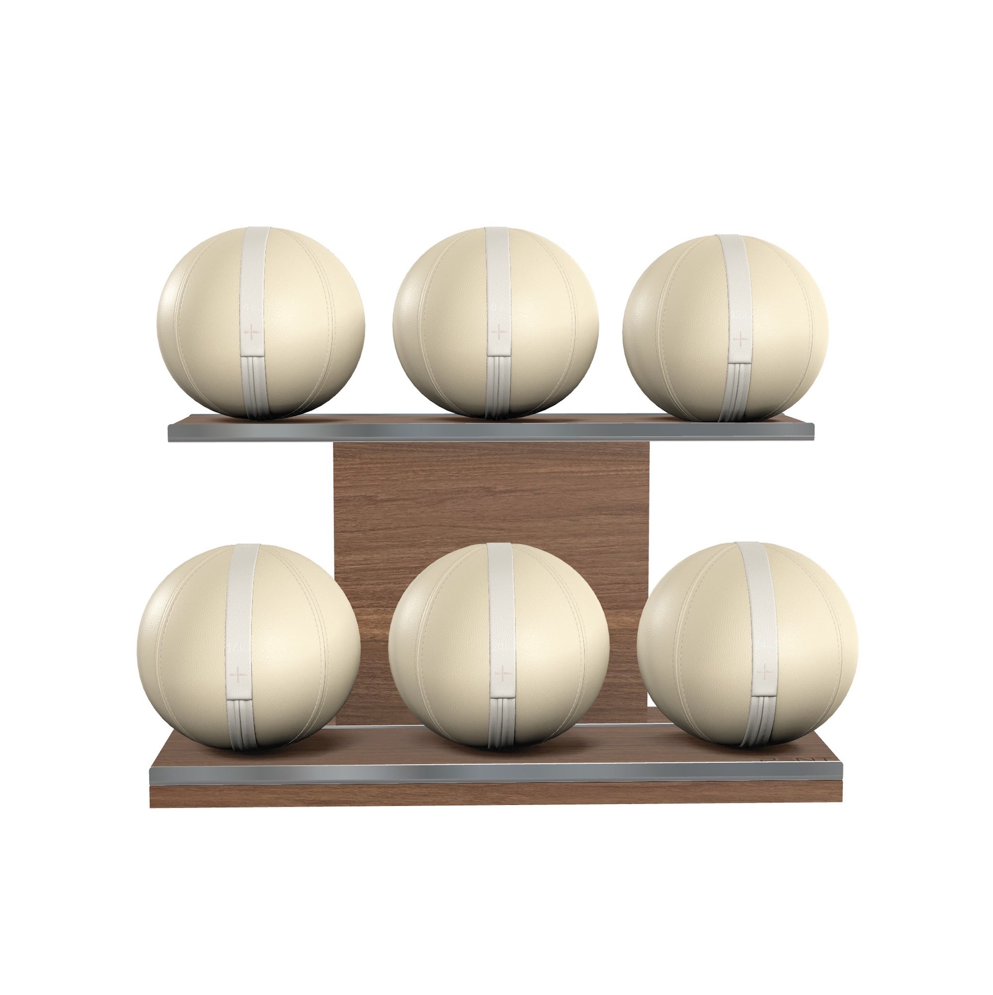Six beige leather medicine balls with beige accent leather, arranged on two shelves made of natural walnut wood. PENT. MOXA Set Ultimate - Set of 6 Medicine Balls on Horizontal Wooden Stand