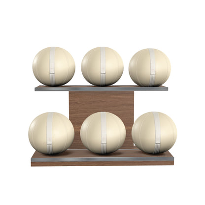 Six beige leather medicine balls with beige accent leather, arranged on two shelves made of natural walnut wood. PENT. MOXA Set Ultimate - Set of 6 Medicine Balls on Horizontal Wooden Stand