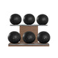 Six black leather medicine balls with black accent leather, arranged on two shelves made of natural walnut wood. PENT. MOXA Set Ultimate - Set of 6 Medicine Balls on Horizontal Wooden Stand