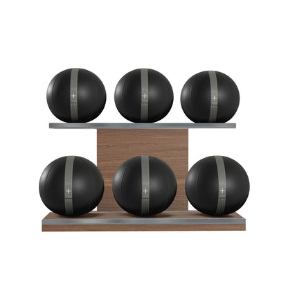 Six black leather medicine balls with grey accent leather, arranged on two shelves made of natural walnut wood. PENT. MOXA Set Ultimate - Set of 6 Medicine Balls on Horizontal Wooden Stand