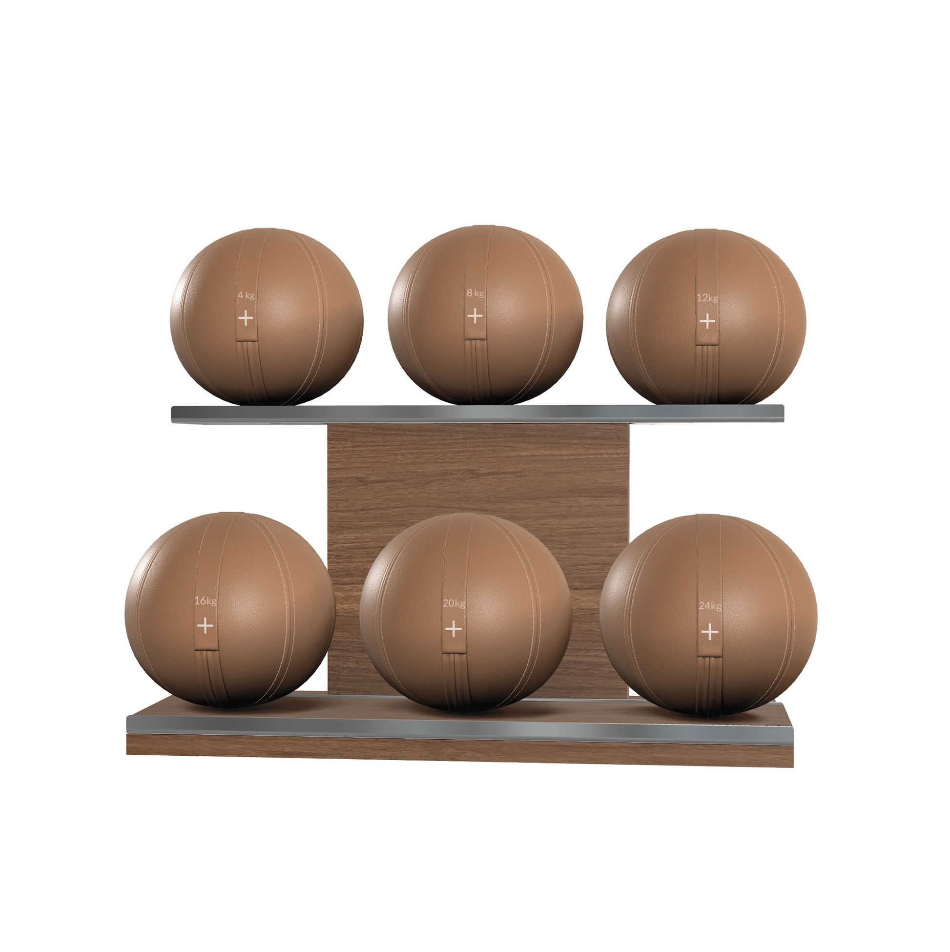 Six brown leather medicine balls with brown accent leather, arranged on two shelves made of natural walnut wood. PENT. MOXA Set Ultimate - Set of 6 Medicine Balls on Horizontal Wooden Stand