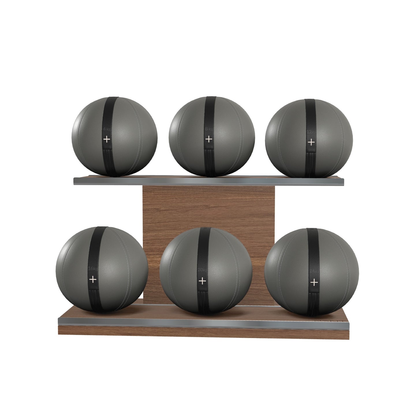 Six grey leather medicine balls with black accent leather, arranged on two shelves made of natural walnut wood. PENT. MOXA Set Ultimate - Set of 6 Medicine Balls on Horizontal Wooden Stand